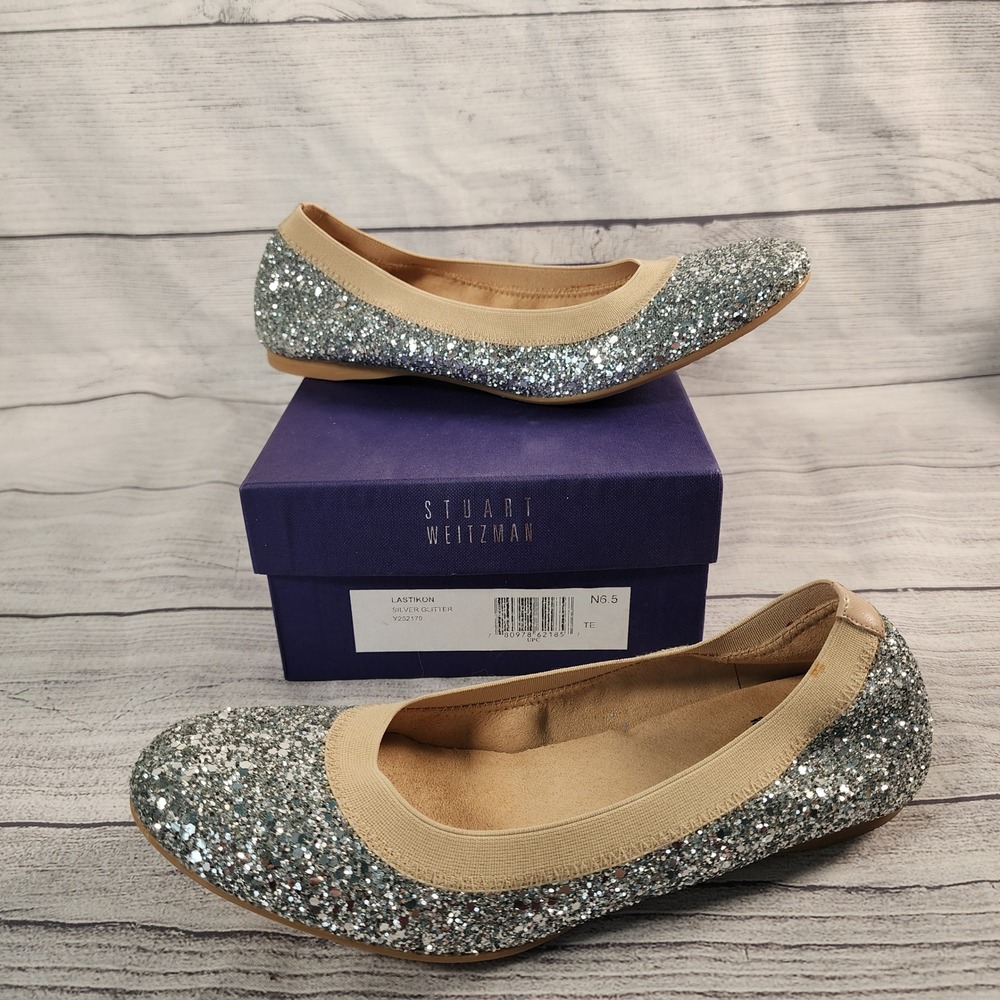 Stuart Weitzman Lastikon Women's 6.5 N Silver Glitter Ballet Flats  Y252179